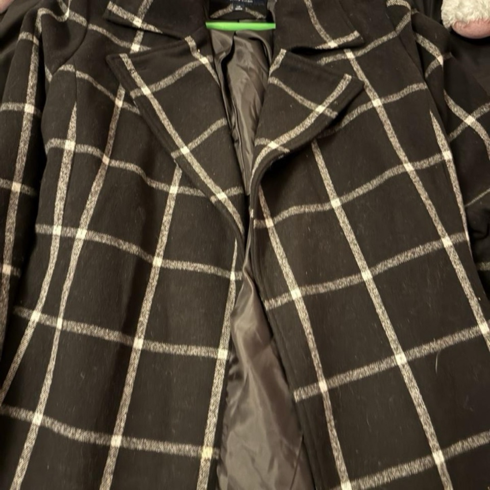 Tommy Hilfiger Plaid Wool-Blend Women's Brown White Windowpane Overcoat Size L